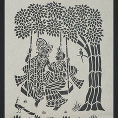 an intricately designed paper cut depicting two people on a swing under a tree with birds in the foreground