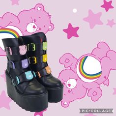 Yru X The Carebears Short Dune Black With Care Bear Faces Platform Shoes Happy Monster, Goth Boots, Funky Outfits, Bear Face, Cool Fits, Care Bear, Care Bears, Fun Time, Platform Boots