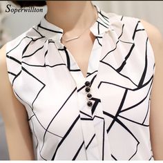 Soperwillton Novo 2016 Chiffon Verão camisa Blusa Mulheres Impresso Sem Mangas top Branco Blusas Camisas Femininas Escritório tops # A806 Summer Chiffon Blouse, Chiffon Shirt Blouse, White Blouse Top, Printed Sleeveless Blouse, Elegante Casual, Tops Casual, Casual Tops For Women, Women Shirts Blouse, Chiffon Blouse