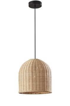 a light that is hanging from a ceiling fixture with wicker material and an iron rod