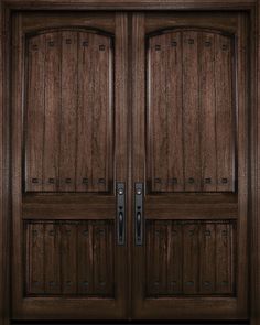 an image of two wooden doors with metal handles on the front and side panels in dark wood