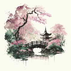 watercolor painting of a bridge and trees with pink flowers in the foreground, on a white background