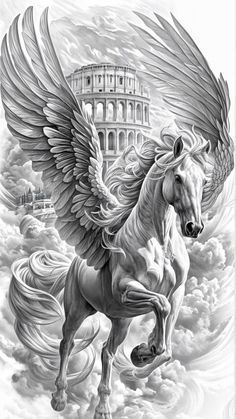 a drawing of a white horse with wings on it's back in front of the colossion