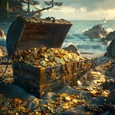 a chest full of gold coins sitting on the beach next to an old pirate ship