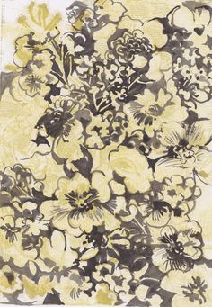 an abstract painting with yellow and black flowers on white paper in the middle of it