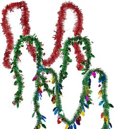 the letters m and n are made out of tinsels with christmas decorations hanging from them