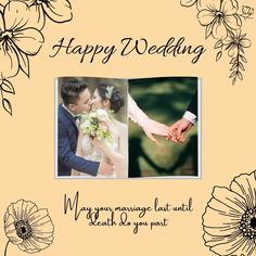 a wedding card with flowers and the words happy wedding written in black on an orange background