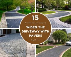 the driveway with pavers is shown in four different pictures