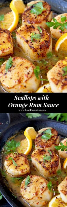 scallops with orange rum sauce in a cast iron skillet