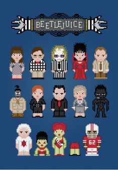 an image of pixel art with the words beetlejuice written in different languages on it