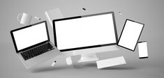 three computer monitors and two laptops with white screens flying out of the screen, on a gray background