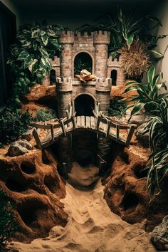 a small bridge over some rocks and plants in a room with a stone wall on the other side