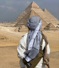 a person standing in front of the pyramids with their back to the camera looking at them