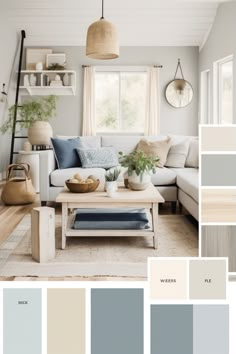 a living room filled with furniture and lots of color swatches in shades of blue, grey