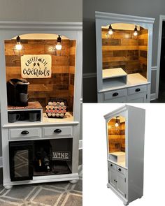 three different views of the inside of a small cabinet with lights on top and below