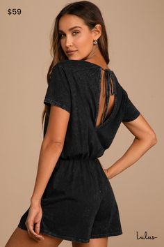 The Lulus Casual Cutie Washed Black Short Sleeve Romper is the easiest way to look cute this season! Garment-washed cotton jersey knit shapes this romper that has a V-neckline, short sleeves, and a blousy bodice with a back keyhole and tying closure at the neck. An elasticized waist tops flowy shorts to complete the look. Fit: This garment fits true to size. Length: Above mid-thigh. Size medium measures 32" from shoulder to hem. Inseam: 3.00 Front Rise: 12.00 Bust: Great for any cup size. Waist: Black Tank Romper Outfit, Country Concert Romper Outfit, Casual Class Reunion Outfit Summer, Black Romper Outfit, Rompers For Teens, Reunion Outfit, Wedges Outfit, Summer Romper Outfit, Flowy Romper