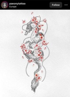 a drawing of a dragon with red flowers on it's back and the tail