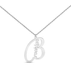 Perfectly personalized, this necklace makes an ideal gift and keepsake. The name is spelled out in graceful script inside an open silhouette of its first initial and crafted in 14K white gold. The adjustable 16-inch rope chain has a 2-inch extender and secures with a spring ring clasp. Customization is limited to 1 initial and a maximum of 8 letters. Customizable White Gold Initial Pendant Necklace, White Gold Initial Necklace For Anniversary, Signature Jewelry With Initials For Personalized Gift, Signature Initials Jewelry For Personalized Gift, Personalized Initials Signature Jewelry, White Gold Monogram Name Necklace With Initial Pendant, White Gold Monogram Initial Pendant Name Necklace, Monogram Initial Pendant Name Necklace In White Gold, Personalized White Gold Name Necklace For Mother's Day