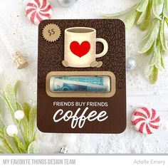 a card with coffee and candy canes on it