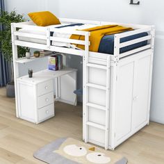 a bunk bed with desk underneath it in a room next to a rug and potted plant