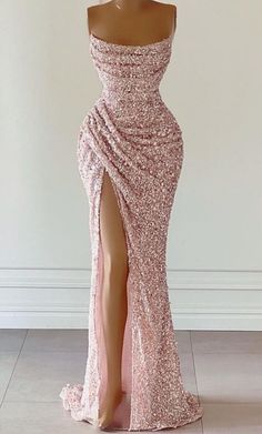 Gorgeous Pink Sequined Sleeveless Prom Dress With Slit Sequin Prom Dresses Long, Stylish Gown, Prom Dresses Elegant, Prom Dresses Long Mermaid, Mermaid Prom Dress, Stunning Prom Dresses, Dress With Pleats, Pink Square, Dresses Formal Elegant