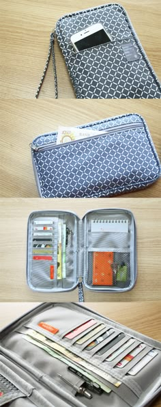 an open travel bag sitting on top of a wooden table