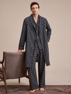 Negro  Collar manga larga Tela tricotada A cuadros  Embellished No-Elástico Tela, Manche, Men Loungewear, Belted Robe, Mens Plaid, Kids Sleepwear, Lapel Collar, Boutonniere, Black Long Sleeve