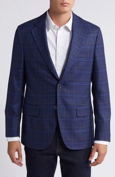 A subtle plaid emerges from the tonal blues of a sport coat tailored from textured wool and styled to elevate any casual or semiformal look. 30" length (size 40) Notched lapels Nonfunctional four-button cuffs Chest welt pocket; front flap pockets Side vents Partially lined 100% wool Dry clean Made in Portugal Elegant Navy Single-breasted Sport Coat, Semi-formal Plaid Sport Coat With Welt Pockets, Navy Single-breasted Sport Coat With Lapel Collar, Plaid Single-breasted Sport Coat With Notch Lapel, Plaid Single-breasted Sport Coat With Lapel Collar, Summer Wardrobe Essentials, Sports Blazer, Baby Boy Shoes, Boy Shoes