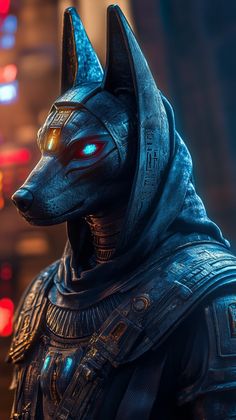 an image of a dog dressed up as the egyptian god nefer in front of a city at night