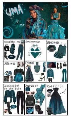 the poster shows different types of clothing and accessories for women in blue, green and black