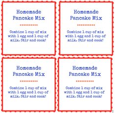 four homemade pancake mix coupons with the words homemade pancake mix in red, white and blue