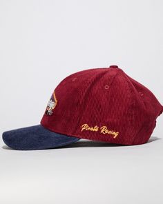 Pirate Racing All In Corduroy Hat Size: Adjustable Snapback Cap Color: Velvet Under Brim Color: Navy Front Pirate Racing All In Design Embroidery Stitch Count: 8084 Casual Hats, Streetwear Hats, Accessory Inspo, Corduroy Hat, Cap Ideas, Embroidery Stitch, Vintage Cap, Vintage Hats, Design Embroidery