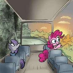 two pinkie ponies are sitting in the back of a bus and one is looking at something