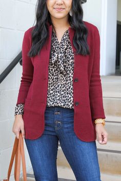 maroon knit blazer, leopard print top, button front jeans, tan flats, cognac tote business casual outfit close up Burgandy Blazer, Maroon Blazer, Leopard Print Outfits, Leopard Print Fashion, Stylish Outfits For Women Over 50