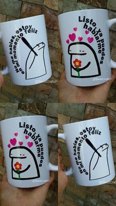 four coffee mugs with different designs on them