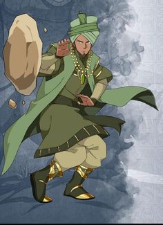 a cartoon character with a green outfit and gold jewelry, holding a rock in his hand