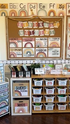 the classroom is organized and ready to be used for school activities, including bookshelves