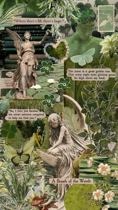 an altered collage with green and white flowers, plants, and angel statues on it