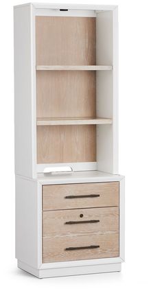 a white bookcase with two drawers and a drawer on the bottom one is open