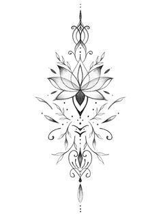 a black and white drawing of a flower with leaves on the side, in an ornate pattern