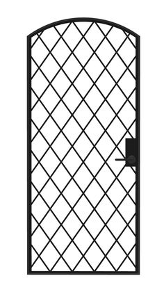 an iron gate with a square design on the top and bottom, in front of a white background