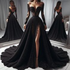 Goth Gown Dress, Party Gowns Evening Dresses Elegant, Black Princess Dress Ball Gowns, Black Yule Ball Dress, Black Goth Wedding Dress, Prom Dress Inspiration Black People, Gothic Prom Dresses, Goth Gown, Ball Gowns Black