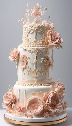 a three tiered wedding cake with pink flowers on the top and bottom layer is decorated in white frosting