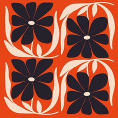 four black and white flowers on an orange background