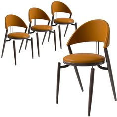 four chairs with black legs and orange upholstered backrests, all in different colors