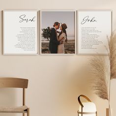 a couple kissing each other in front of two pictures on the wall with their names