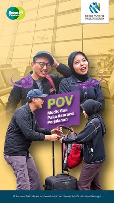 three people standing around a purple sign with the words pov on it and two men holding luggage