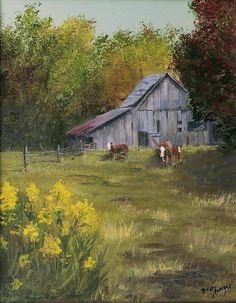 an oil painting of cows grazing in a field next to a barn with trees and yellow flowers