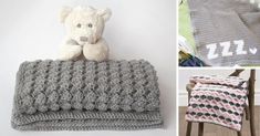 crocheted blankets and pillows are shown in three different pictures, including one with a teddy bear