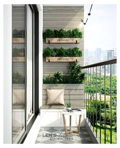 a balcony with potted plants on the wall and a bench in the foreground